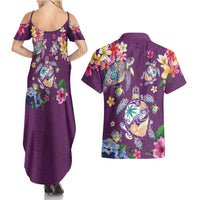 Hawaiian Turtles and Tropical Plants Couples Matching Summer Maxi Dress and Hawaiian Shirt Purple Watercolor