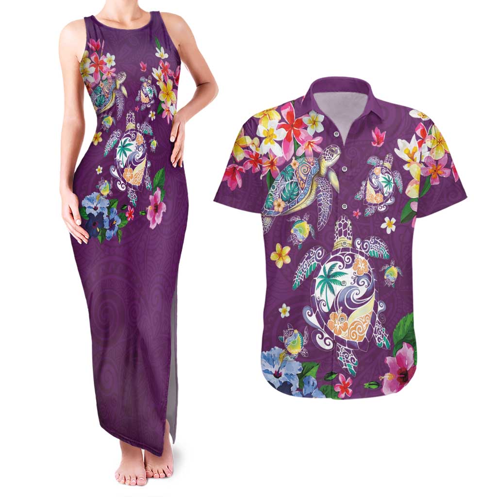 Hawaiian Turtles and Tropical Plants Couples Matching Tank Maxi Dress and Hawaiian Shirt Purple Watercolor