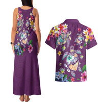 Hawaiian Turtles and Tropical Plants Couples Matching Tank Maxi Dress and Hawaiian Shirt Purple Watercolor