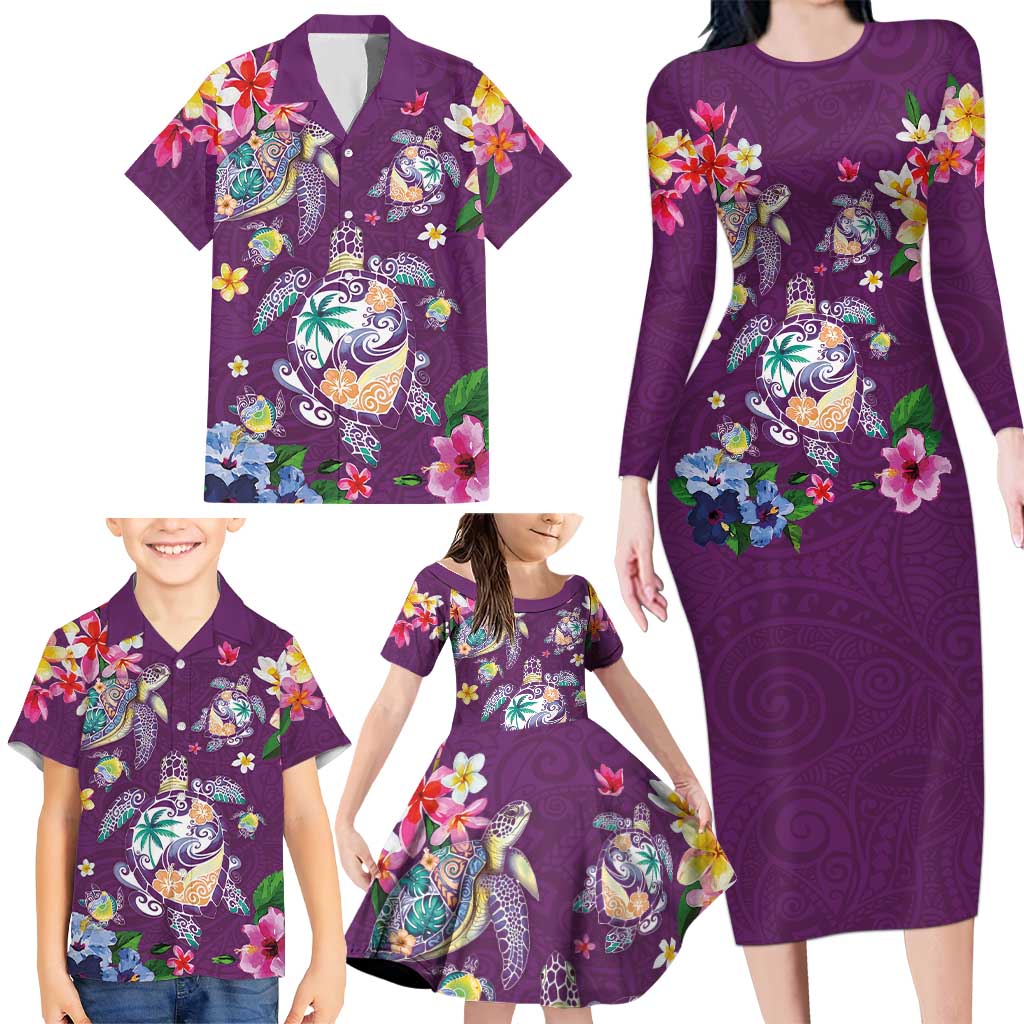 Hawaiian Turtles and Tropical Plants Family Matching Long Sleeve Bodycon Dress and Hawaiian Shirt Purple Watercolor