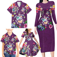 Hawaiian Turtles and Tropical Plants Family Matching Long Sleeve Bodycon Dress and Hawaiian Shirt Purple Watercolor LT03 - Polynesian Pride