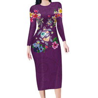 Hawaiian Turtles and Tropical Plants Family Matching Long Sleeve Bodycon Dress and Hawaiian Shirt Purple Watercolor LT03 Mom's Dress Purple - Polynesian Pride