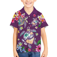 Hawaiian Turtles and Tropical Plants Family Matching Long Sleeve Bodycon Dress and Hawaiian Shirt Purple Watercolor LT03 Son's Shirt Purple - Polynesian Pride