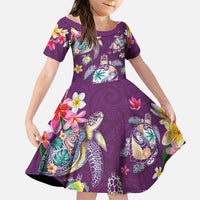 Hawaiian Turtles and Tropical Plants Family Matching Mermaid Dress and Hawaiian Shirt Purple Watercolor LT03 Daughter's Dress Purple - Polynesian Pride