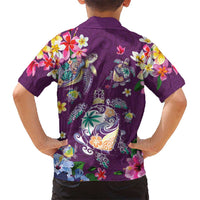 Hawaiian Turtles and Tropical Plants Family Matching Off The Shoulder Long Sleeve Dress and Hawaiian Shirt Purple Watercolor LT03 - Polynesian Pride