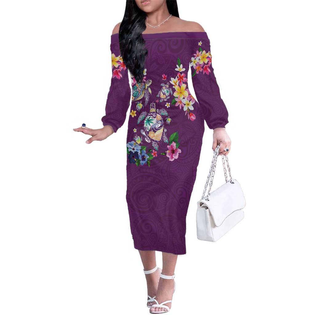 Hawaiian Turtles and Tropical Plants Family Matching Off The Shoulder Long Sleeve Dress and Hawaiian Shirt Purple Watercolor LT03 Mom's Dress Purple - Polynesian Pride