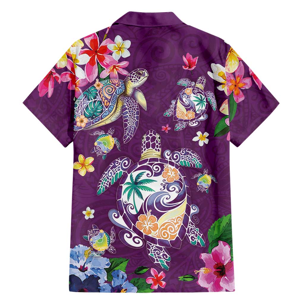 Hawaiian Turtles and Tropical Plants Family Matching Off Shoulder Short Dress and Hawaiian Shirt Purple Watercolor LT03 - Polynesian Pride