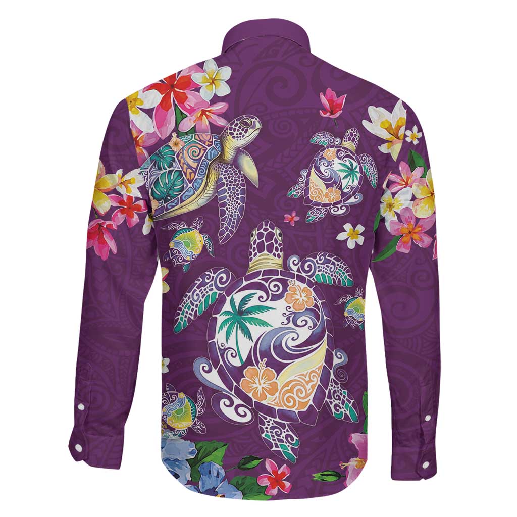 Hawaiian Turtles and Tropical Plants Family Matching Off Shoulder Short Dress and Hawaiian Shirt Purple Watercolor LT03 - Polynesian Pride
