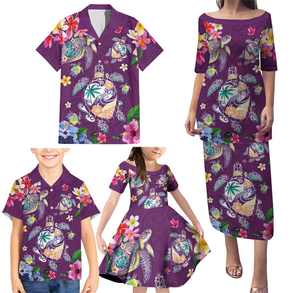 Hawaiian Turtles and Tropical Plants Family Matching Puletasi and Hawaiian Shirt Purple Watercolor