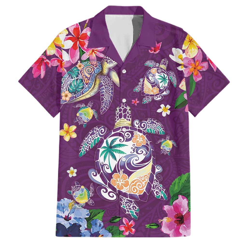 Hawaiian Turtles and Tropical Plants Family Matching Puletasi and Hawaiian Shirt Purple Watercolor LT03 Dad's Shirt - Short Sleeve Purple - Polynesian Pride