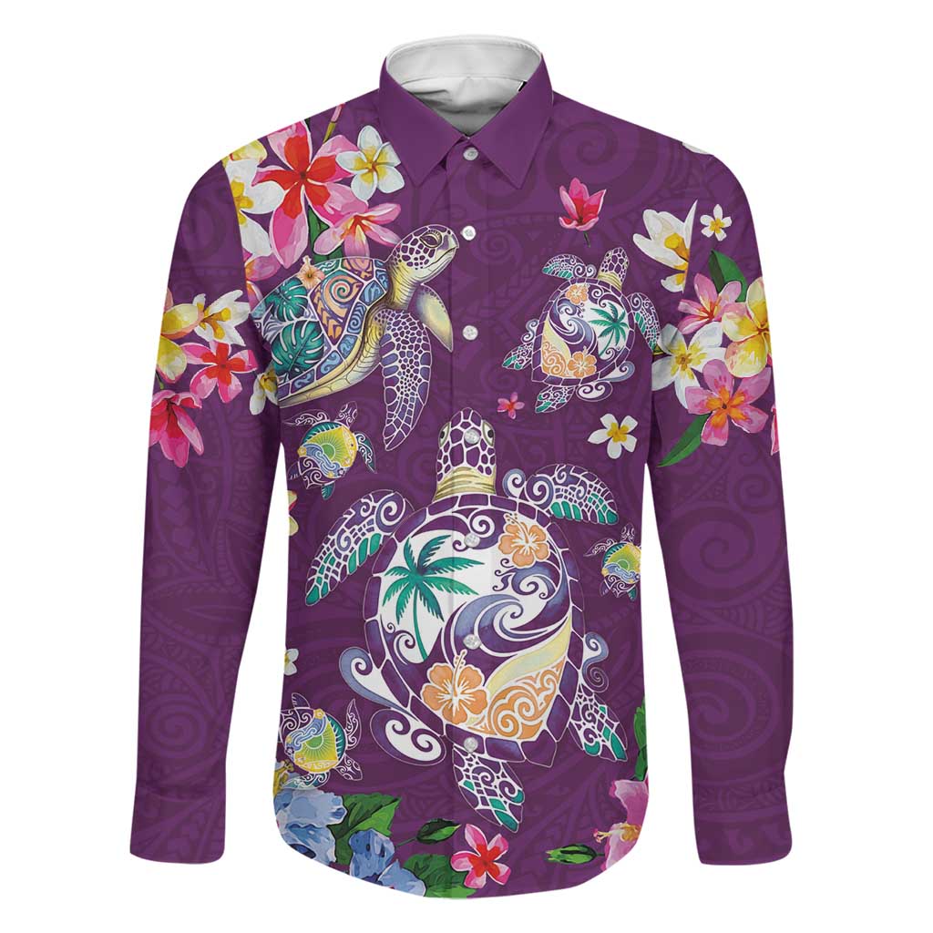 Hawaiian Turtles and Tropical Plants Family Matching Puletasi and Hawaiian Shirt Purple Watercolor LT03 Dad's Shirt - Long Sleeve Purple - Polynesian Pride
