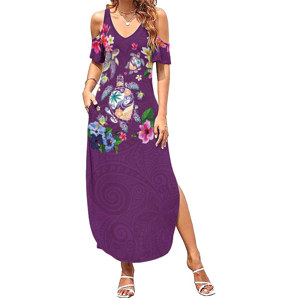 Hawaiian Turtles and Tropical Plants Family Matching Summer Maxi Dress and Hawaiian Shirt Purple Watercolor LT03 Mom's Dress Purple - Polynesian Pride