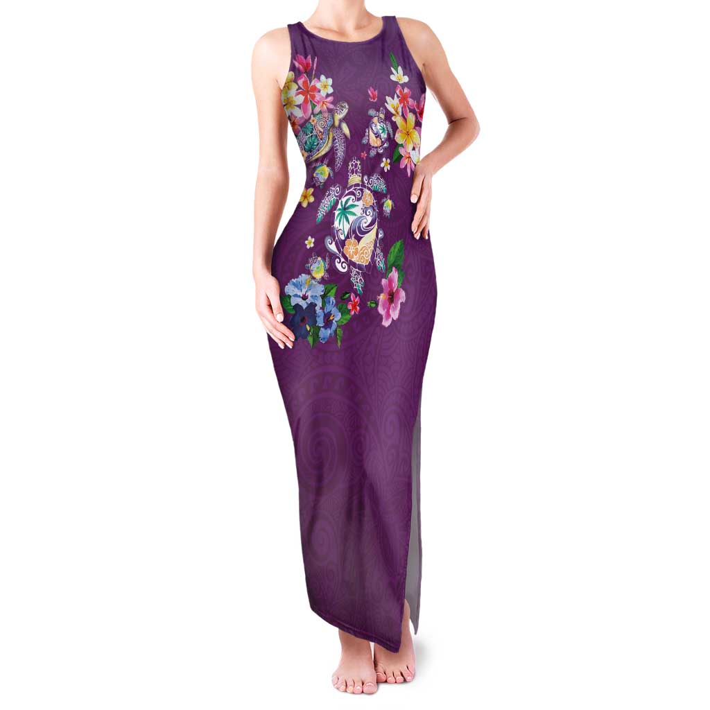 Hawaiian Turtles and Tropical Plants Family Matching Tank Maxi Dress and Hawaiian Shirt Purple Watercolor LT03 Mom's Dress Purple - Polynesian Pride