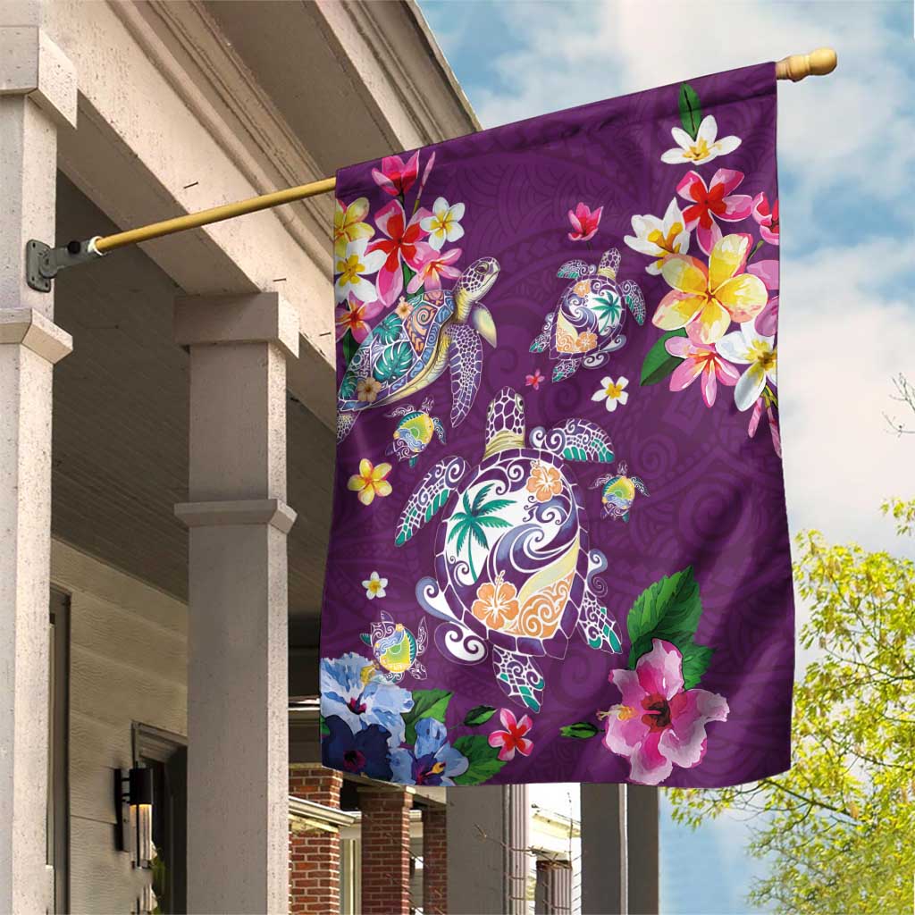 Hawaiian Turtles and Tropical Plants Garden Flag Purple Watercolor