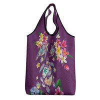 Hawaiian Turtles and Tropical Plants Grocery Bag Purple Watercolor