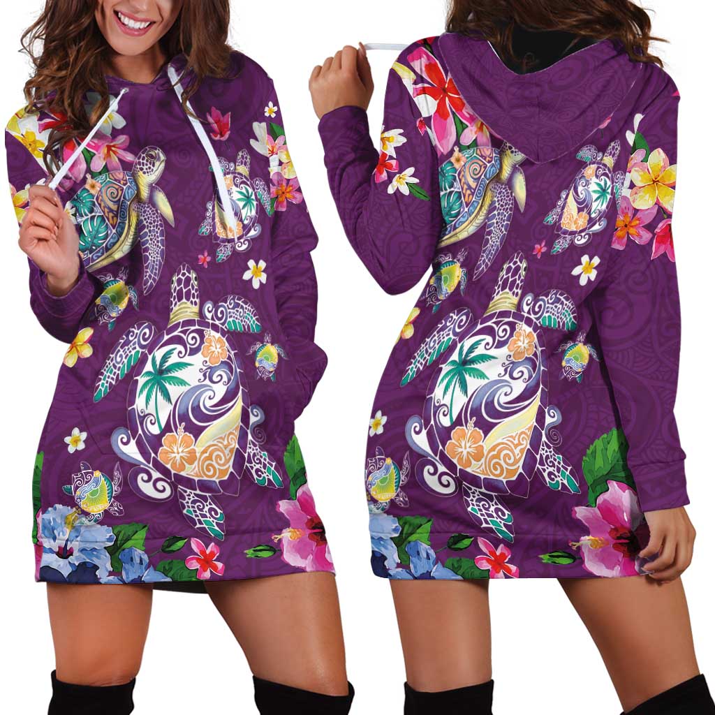 Hawaiian Turtles and Tropical Plants Hoodie Dress Purple Watercolor LT03 - Polynesian Pride