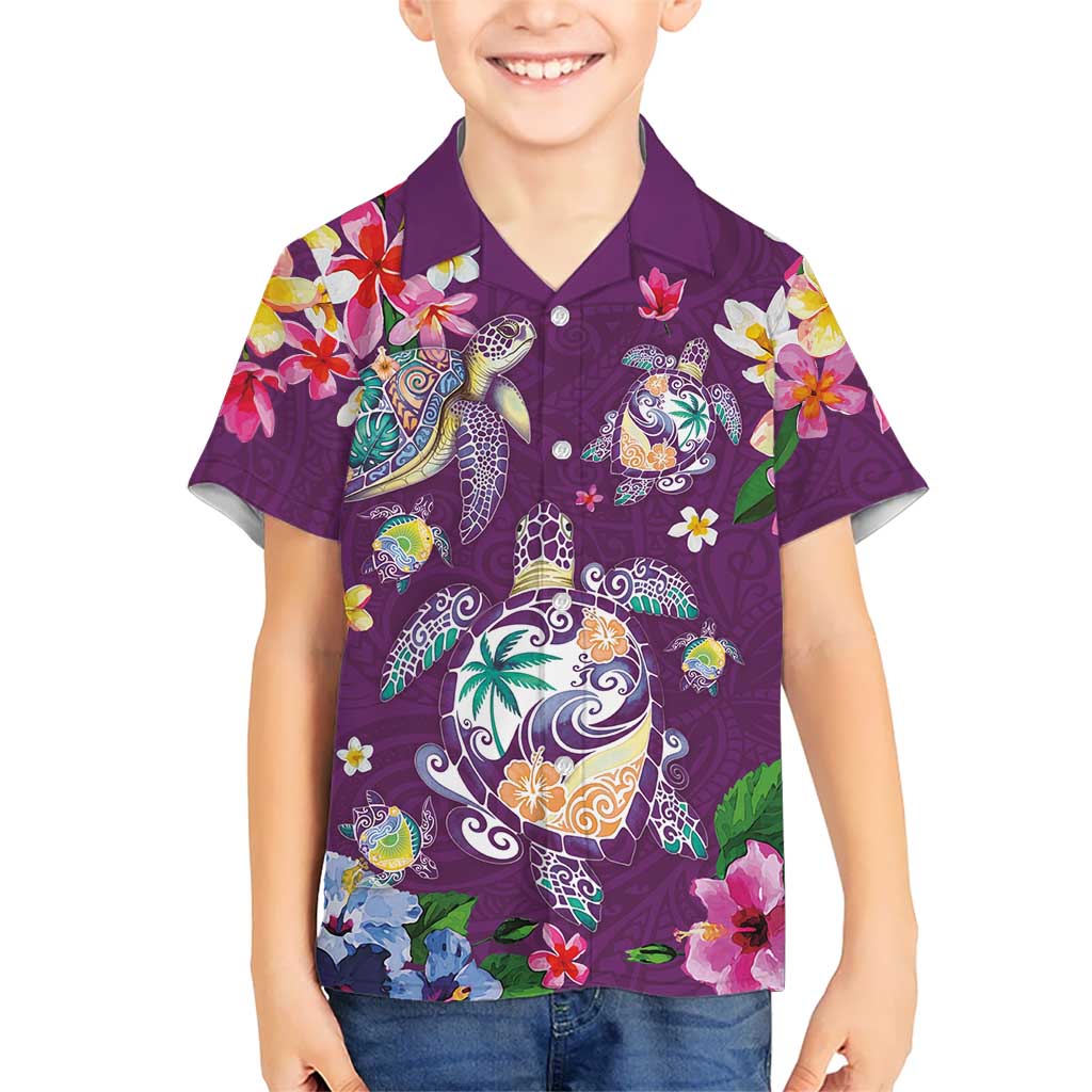 Hawaiian Turtles and Tropical Plants Kid Hawaiian Shirt Purple Watercolor LT03 Kid Purple - Polynesian Pride
