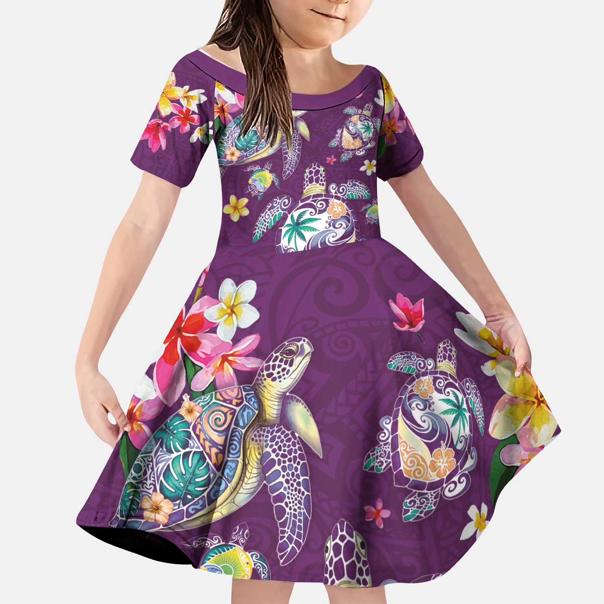 Hawaiian Turtles and Tropical Plants Kid Short Sleeve Dress Purple Watercolor LT03 KID Purple - Polynesian Pride