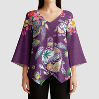 Hawaiian Turtles and Tropical Plants Kimono Sleeve Blouse Purple Watercolor