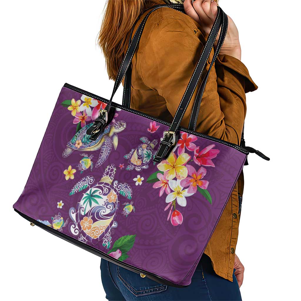 Hawaiian Turtles and Tropical Plants Leather Tote Bag Purple Watercolor