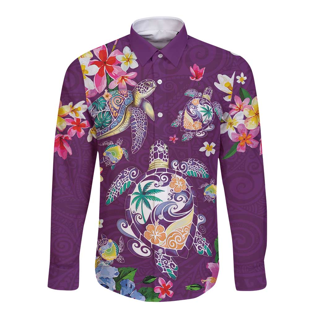 Hawaiian Turtles and Tropical Plants Long Sleeve Button Shirt Purple Watercolor LT03 Unisex Purple - Polynesian Pride