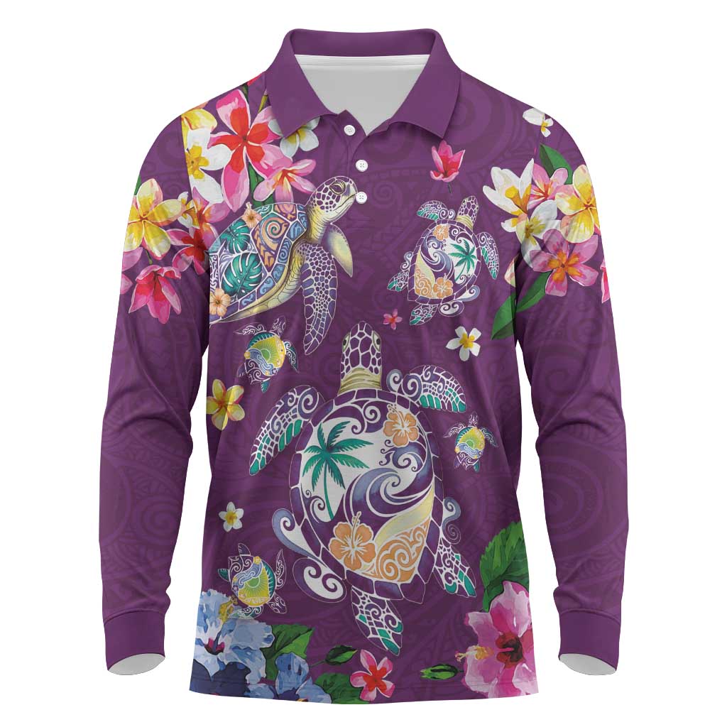 Hawaiian Turtles and Tropical Plants Long Sleeve Polo Shirt Purple Watercolor