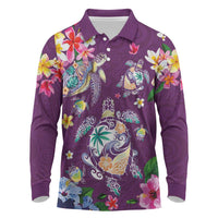 Hawaiian Turtles and Tropical Plants Long Sleeve Polo Shirt Purple Watercolor LT03 Purple - Polynesian Pride