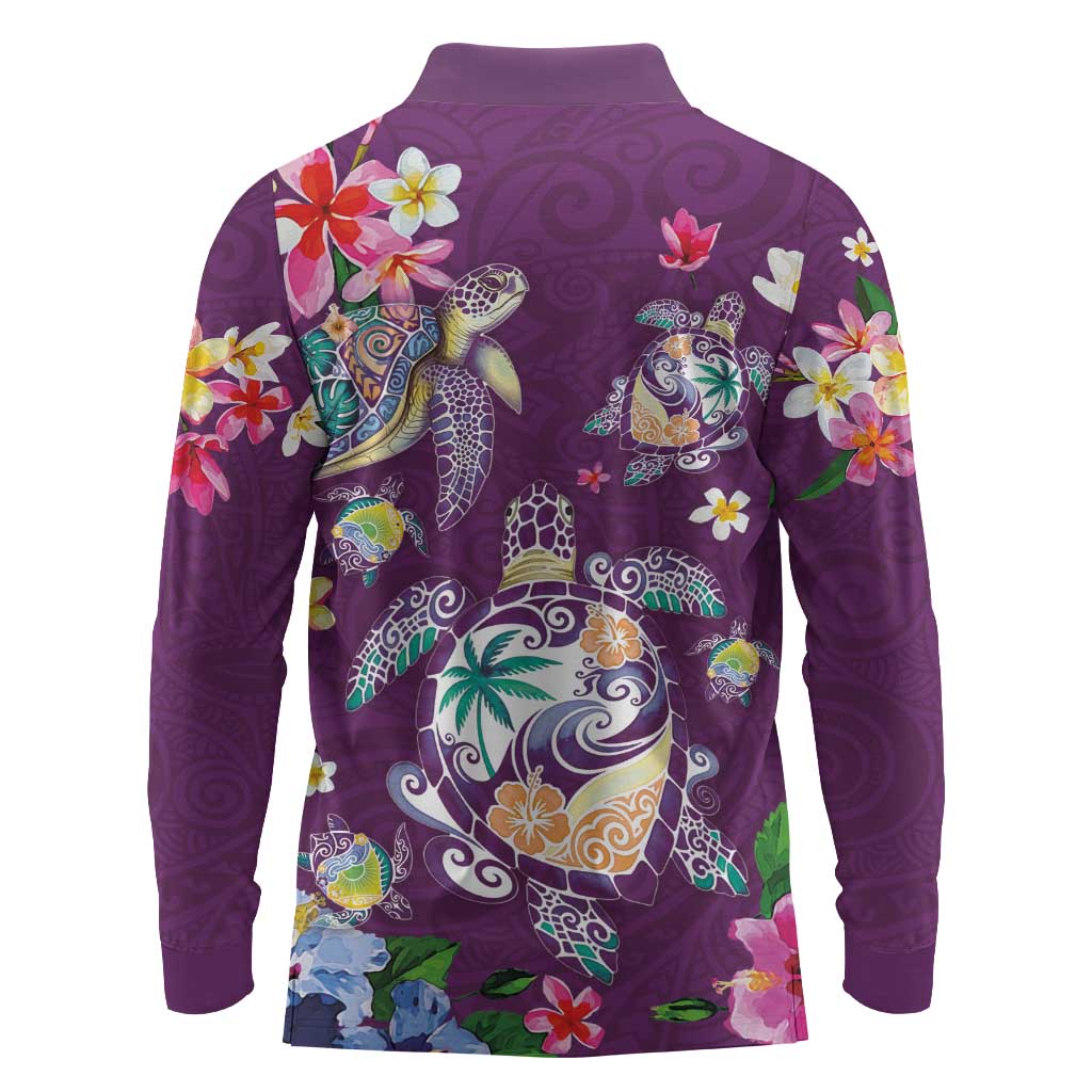 Hawaiian Turtles and Tropical Plants Long Sleeve Polo Shirt Purple Watercolor LT03 - Polynesian Pride