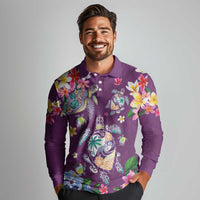 Hawaiian Turtles and Tropical Plants Long Sleeve Polo Shirt Purple Watercolor LT03 - Polynesian Pride