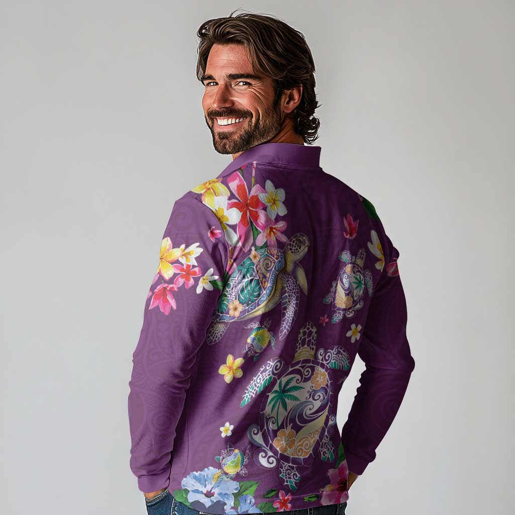 Hawaiian Turtles and Tropical Plants Long Sleeve Polo Shirt Purple Watercolor LT03 - Polynesian Pride