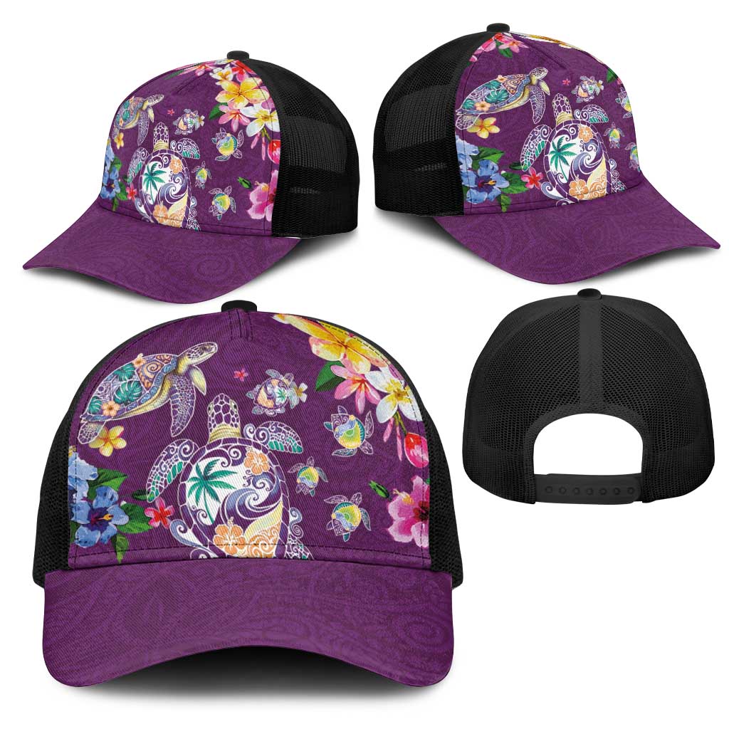 Hawaiian Turtles and Tropical Plants Mesh Trucker Cap Purple Watercolor LT03 - Polynesian Pride
