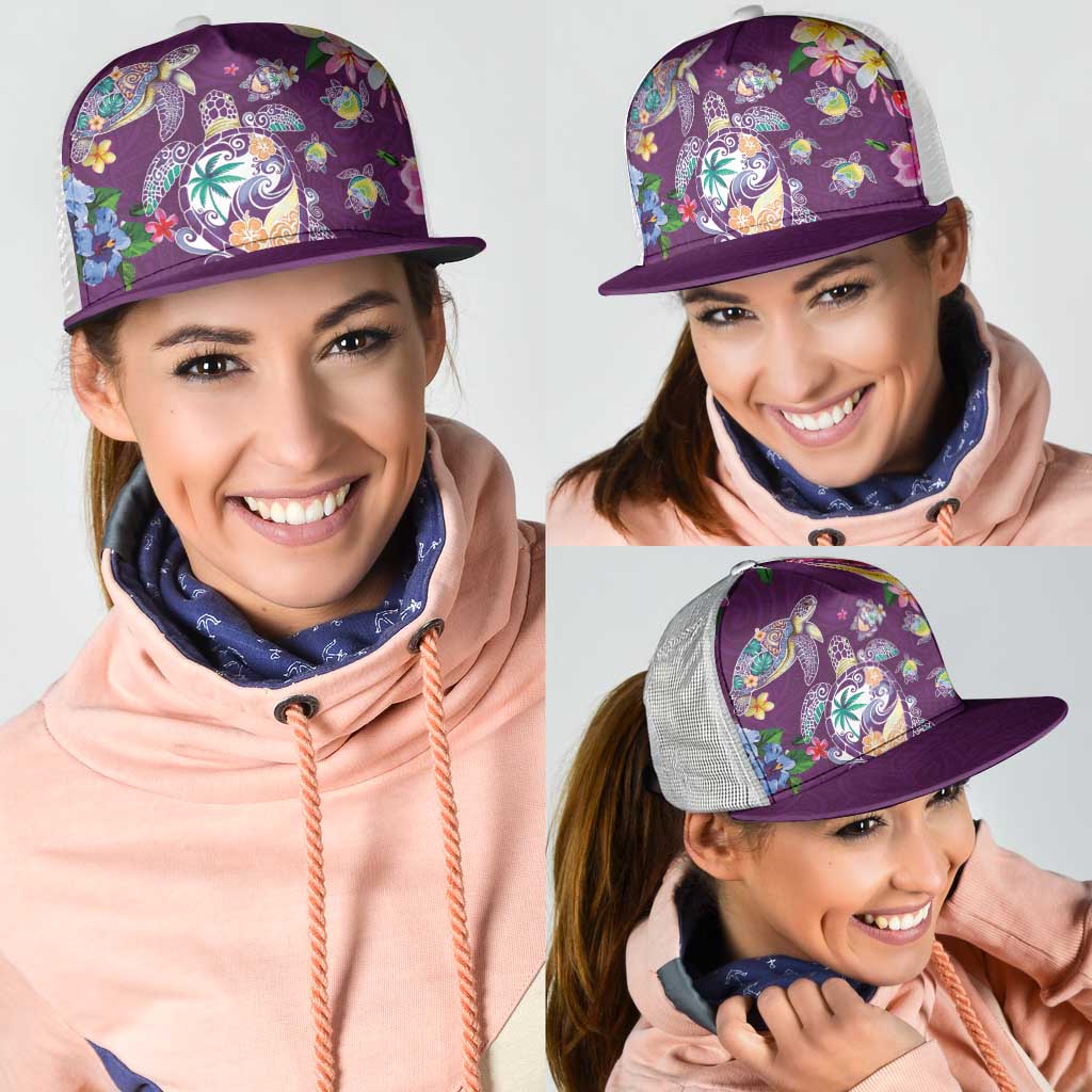 Hawaiian Turtles and Tropical Plants Mesh Trucker Cap Purple Watercolor LT03 - Polynesian Pride