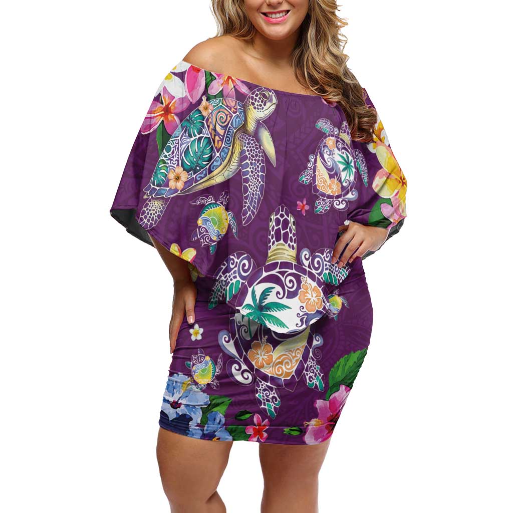Hawaiian Turtles and Tropical Plants Off Shoulder Short Dress Purple Watercolor LT03 Women Purple - Polynesian Pride