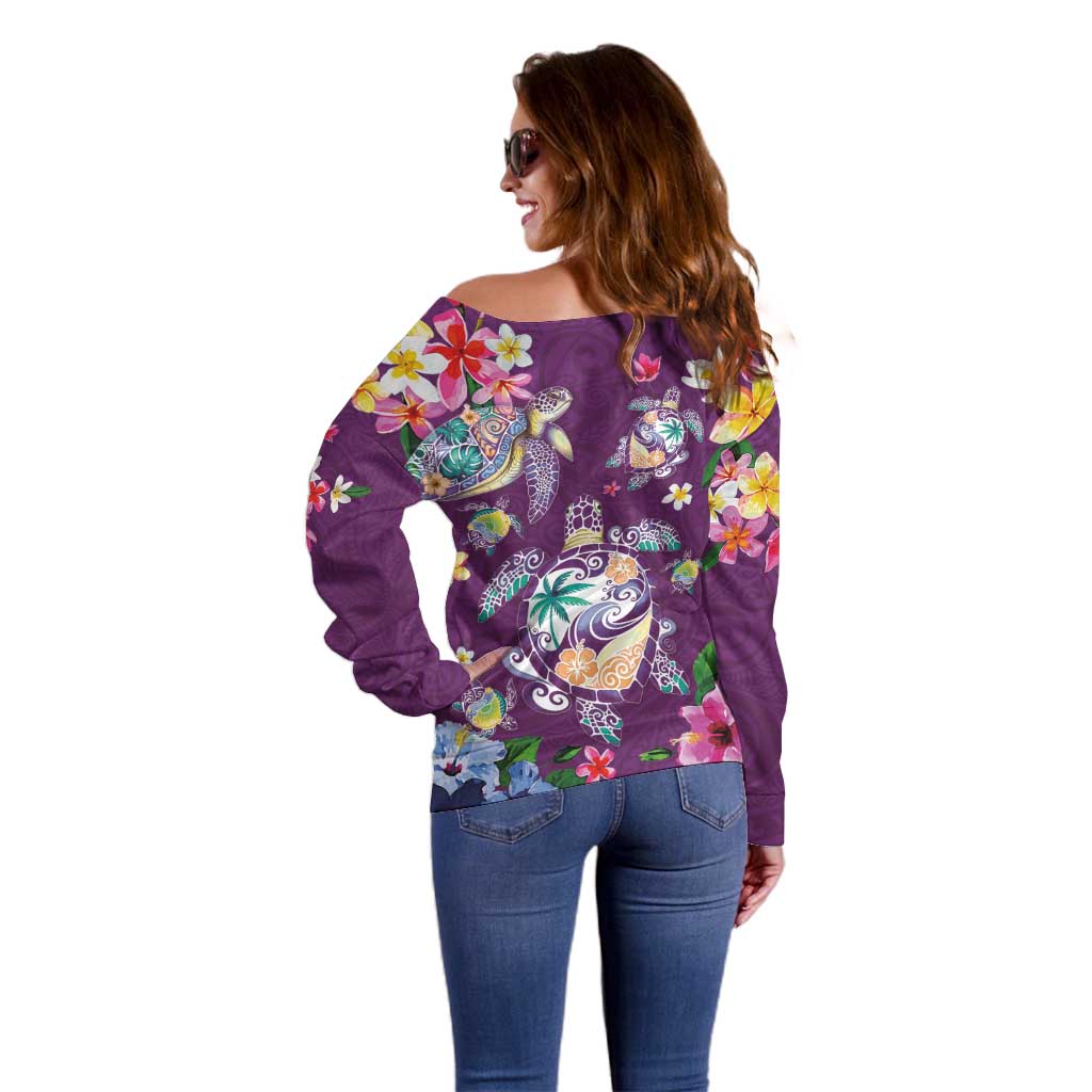 Hawaiian Turtles and Tropical Plants Off Shoulder Sweater Purple Watercolor