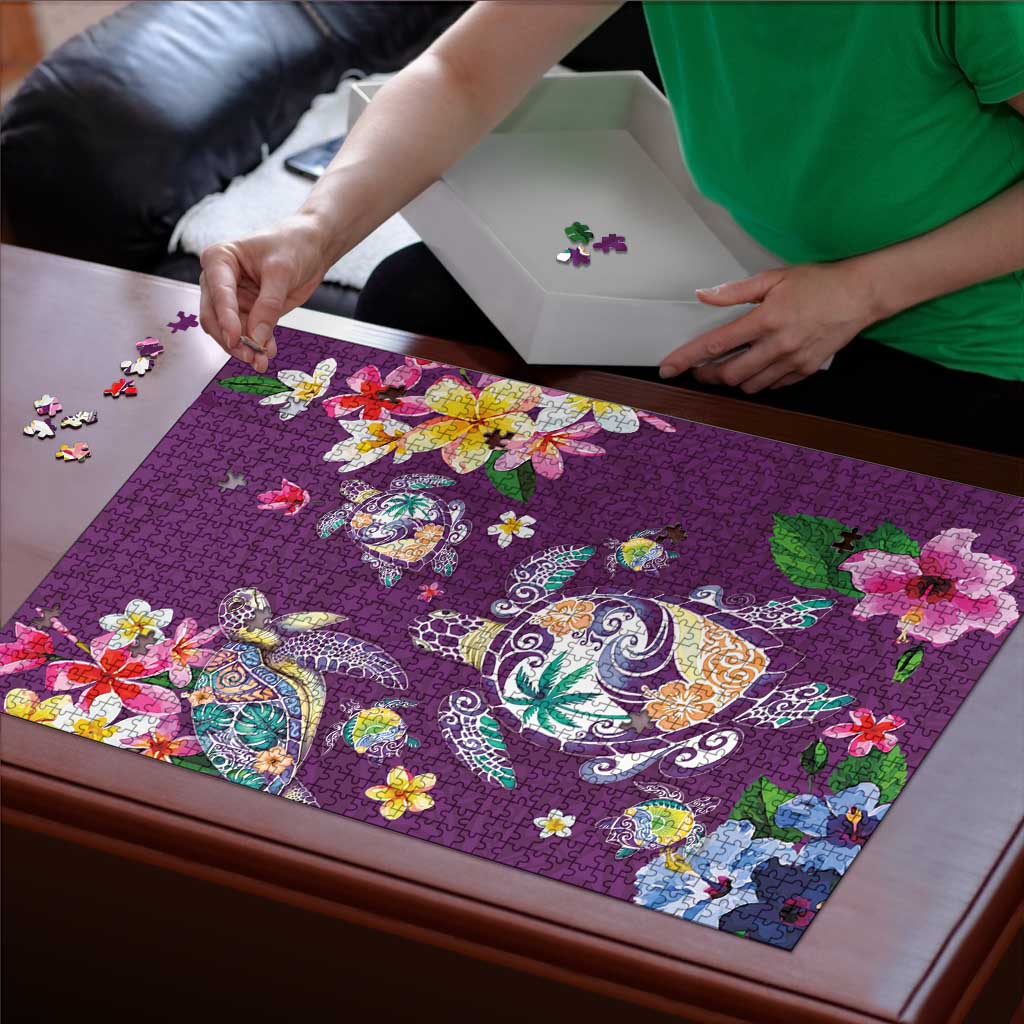 Hawaiian Turtles and Tropical Plants Puzzle Purple Watercolor