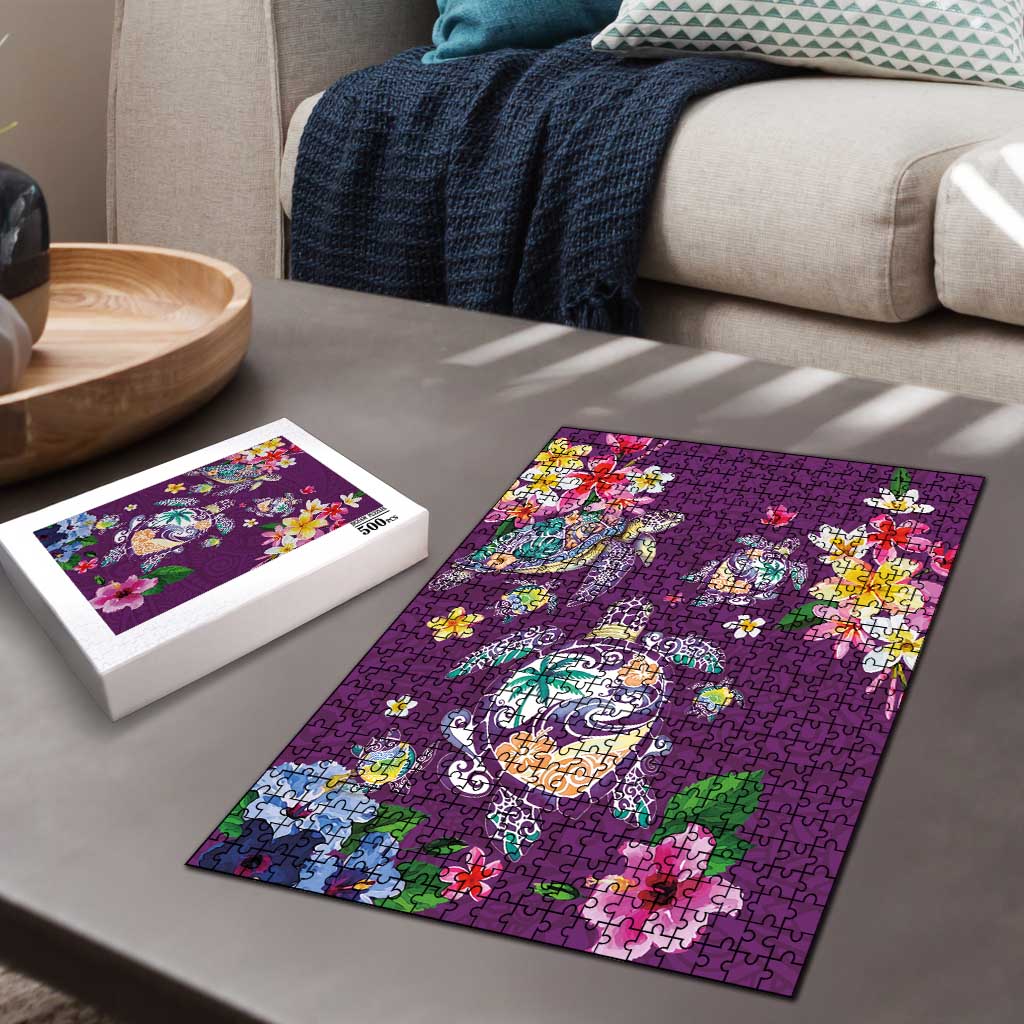 Hawaiian Turtles and Tropical Plants Puzzle Purple Watercolor