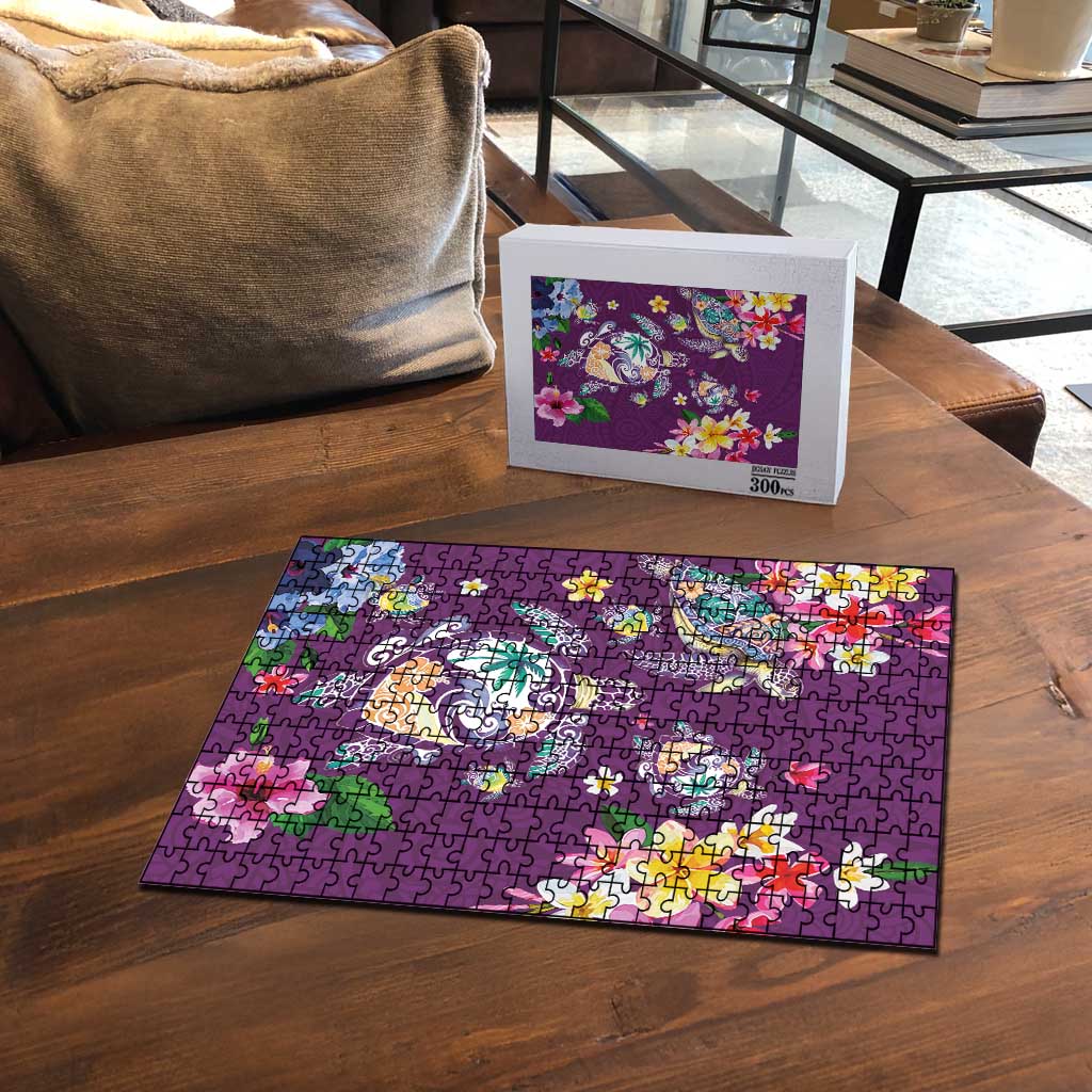Hawaiian Turtles and Tropical Plants Puzzle Purple Watercolor