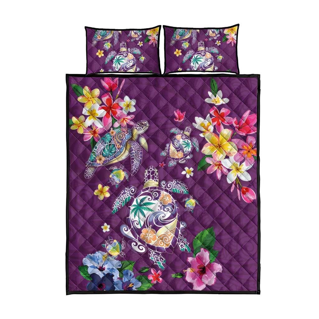 Hawaiian Turtles and Tropical Plants Quilt Bed Set Purple Watercolor LT03 - Polynesian Pride