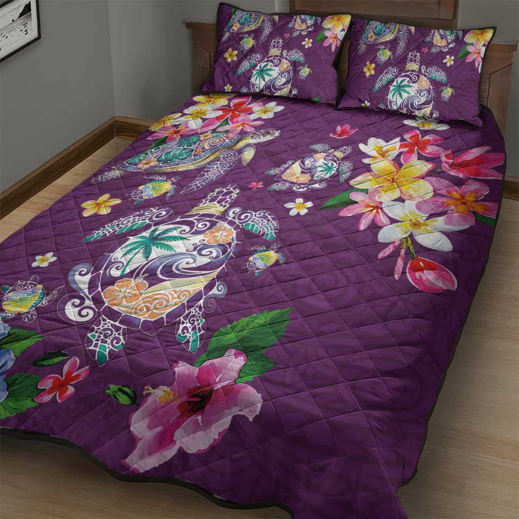 Hawaiian Turtles and Tropical Plants Quilt Bed Set Purple Watercolor LT03 - Polynesian Pride
