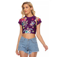 Hawaiian Turtles and Tropical Plants Raglan Cropped T Shirt Purple Watercolor