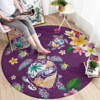Hawaiian Turtles and Tropical Plants Round Carpet Purple Watercolor