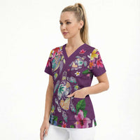 Hawaiian Turtles and Tropical Plants Scrub Top Purple Watercolor