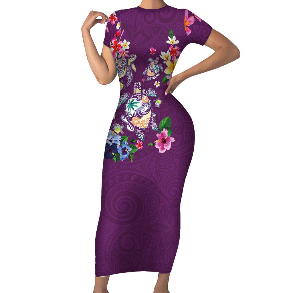 Hawaiian Turtles and Tropical Plants Short Sleeve Bodycon Dress Purple Watercolor LT03 Long Dress Purple - Polynesian Pride