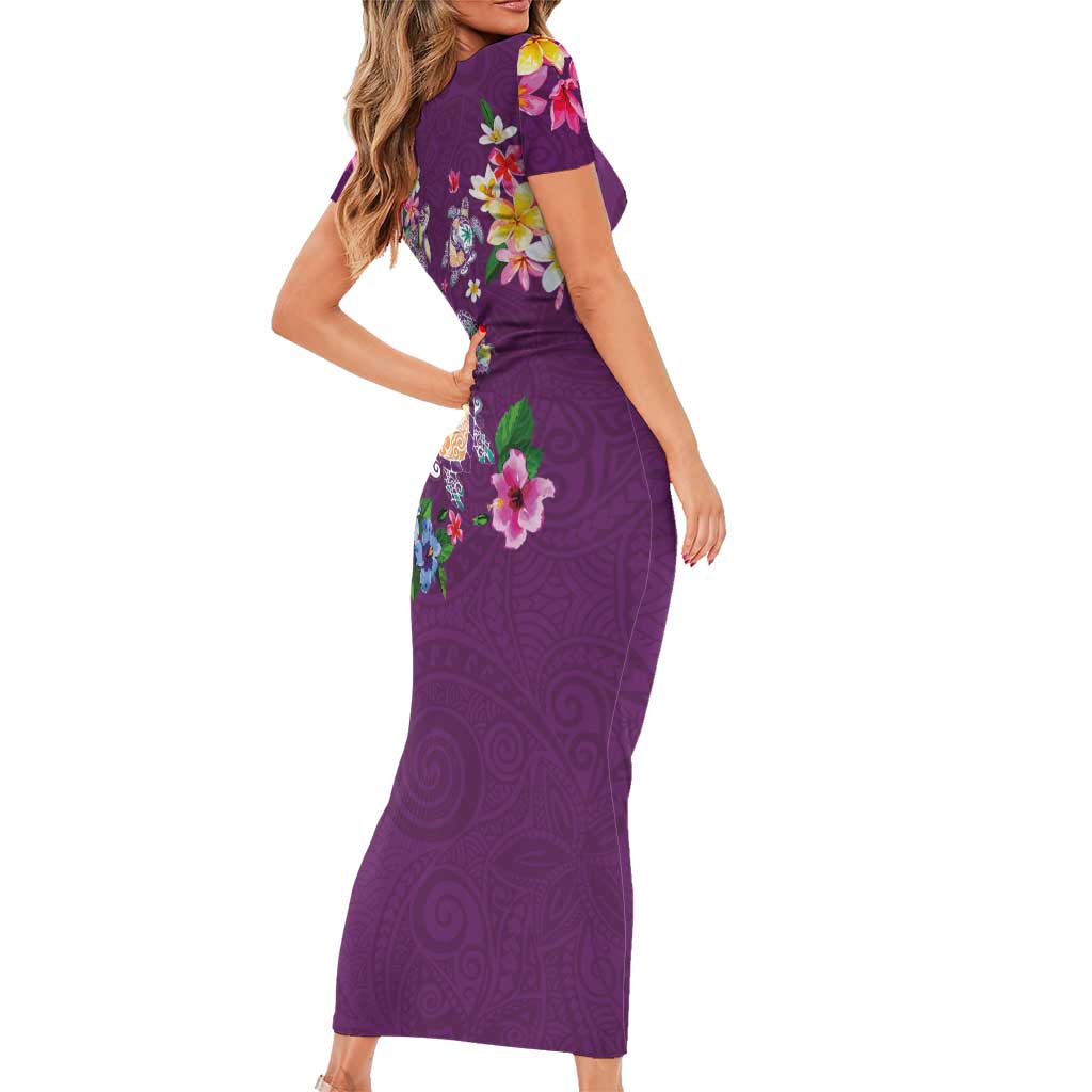 Hawaiian Turtles and Tropical Plants Short Sleeve Bodycon Dress Purple Watercolor LT03 - Polynesian Pride