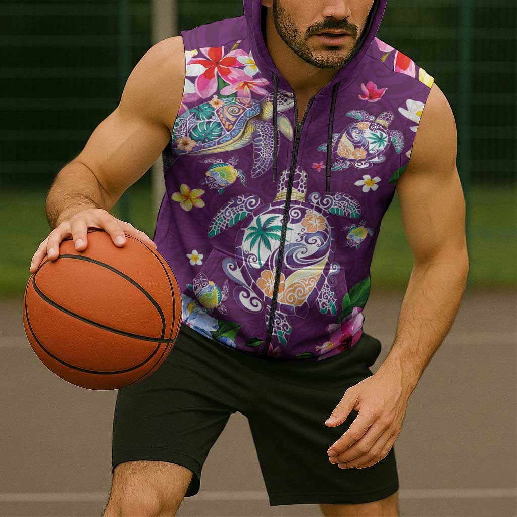 Hawaiian Turtles and Tropical Plants Sleeveless Zip Hoodie Purple Watercolor LT03 - Polynesian Pride