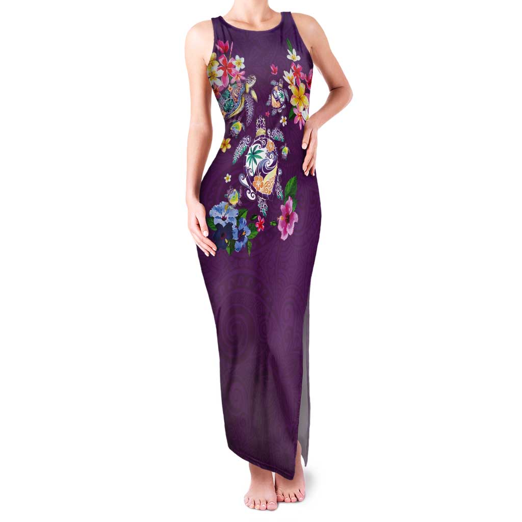 Hawaiian Turtles and Tropical Plants Tank Maxi Dress Purple Watercolor LT03 Women Purple - Polynesian Pride