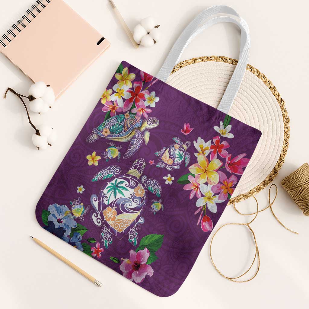 Hawaiian Turtles and Tropical Plants Tote Bag Purple Watercolor