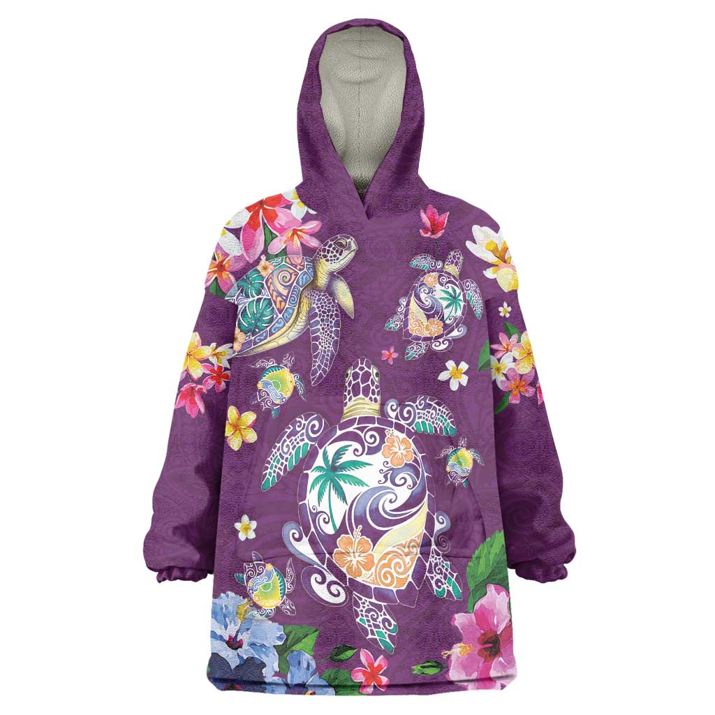 Hawaiian Turtles and Tropical Plants Wearable Blanket Hoodie Purple Watercolor