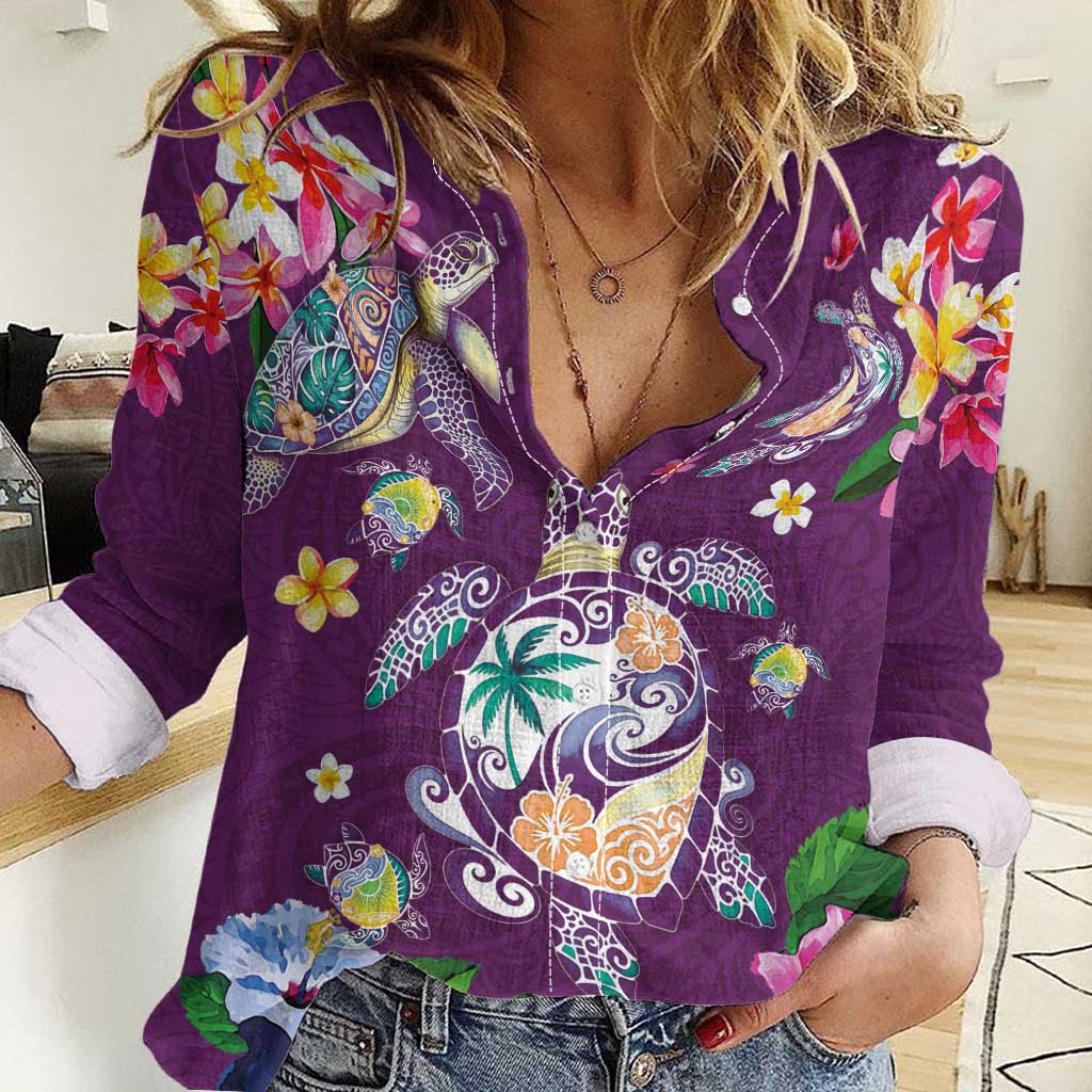 Hawaiian Turtles and Tropical Plants Women Casual Shirt Purple Watercolor LT03 Female Purple - Polynesian Pride