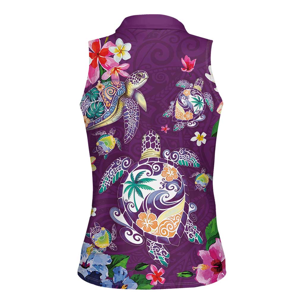 Hawaiian Turtles and Tropical Plants Women Sleeveless Polo Shirt Purple Watercolor LT03 - Polynesian Pride